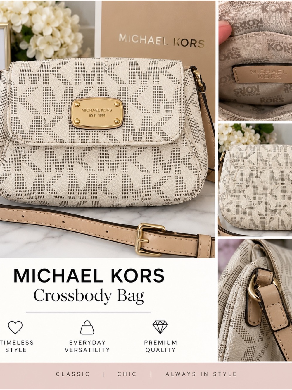 Michael Kors Beige Logo Crossbody Bag with Gold Hardware